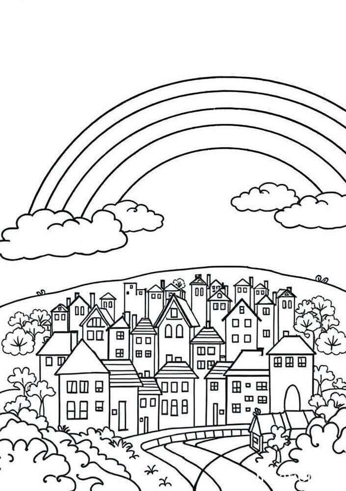 Desenho de Arco-íris com Cidades e Casinhas para colorir