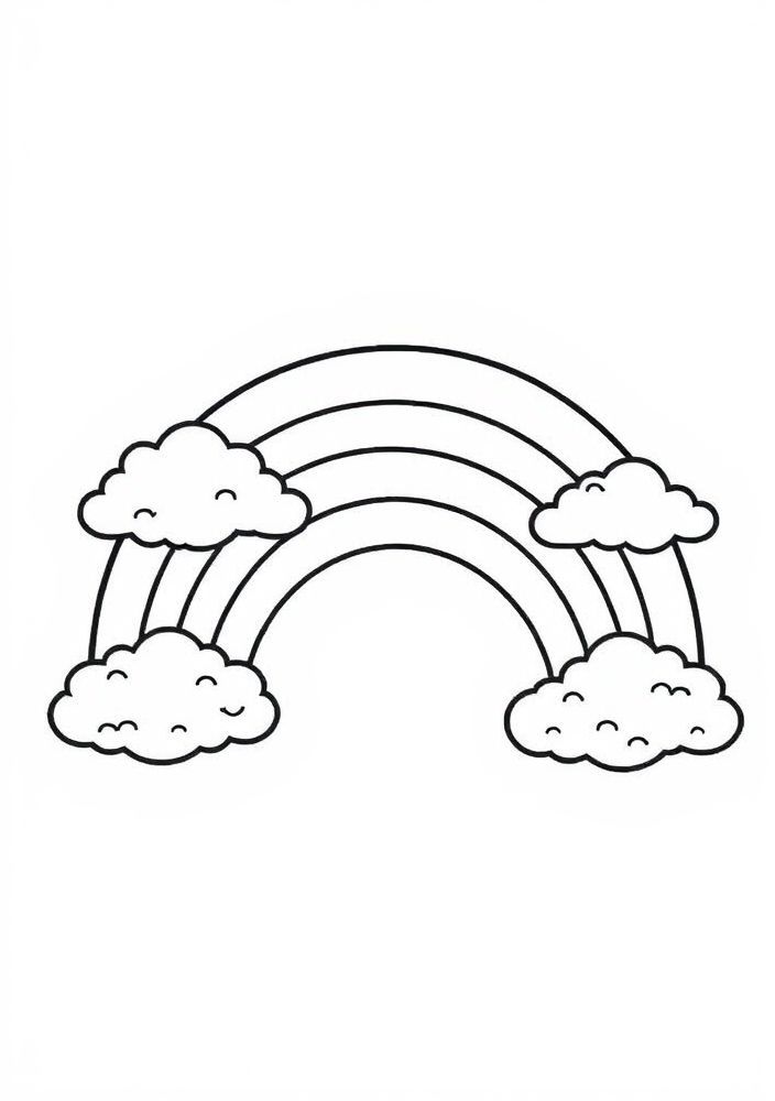 Desenho de Arco-íris com Nuvens Felizes para colorir