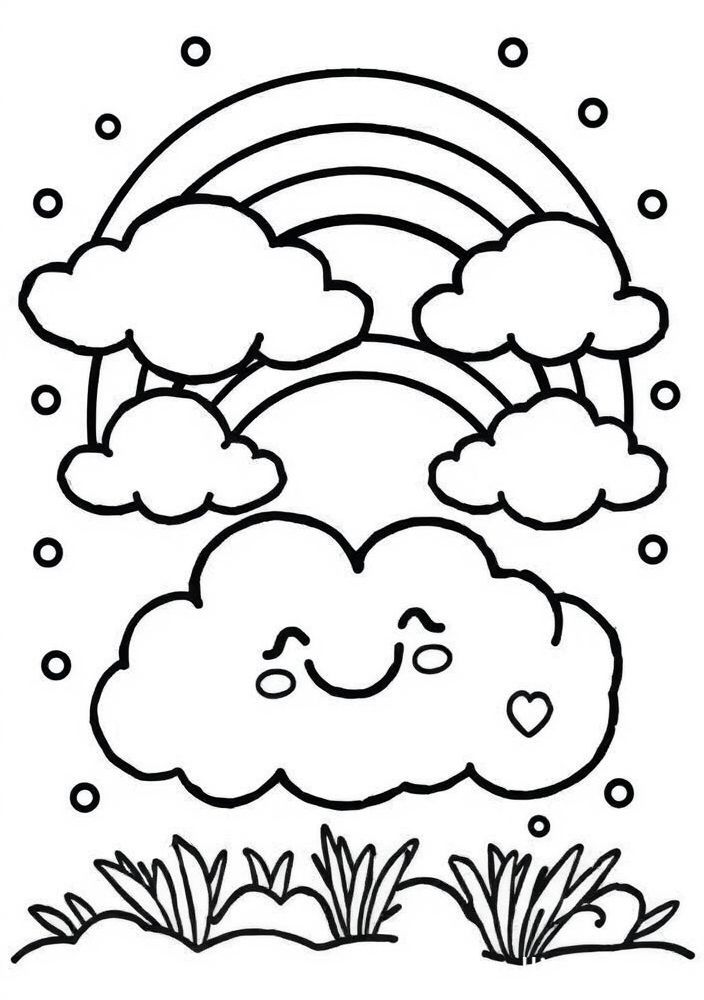 Desenho de Arco-íris com nuvens felizes para colorir