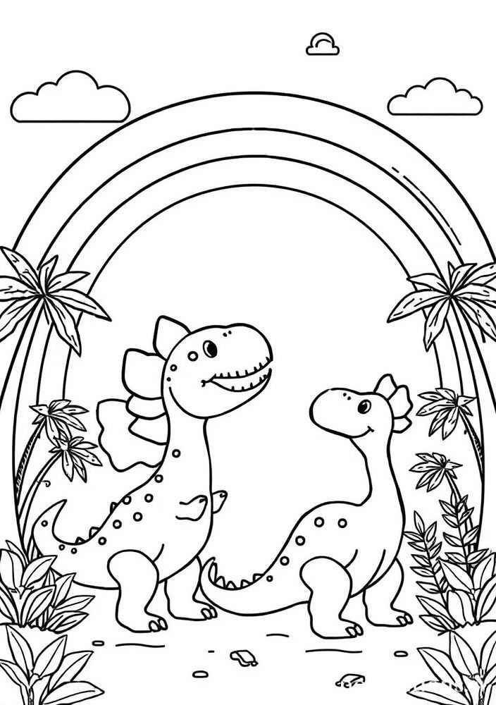 Desenho de Arco-íris e Dinos para colorir