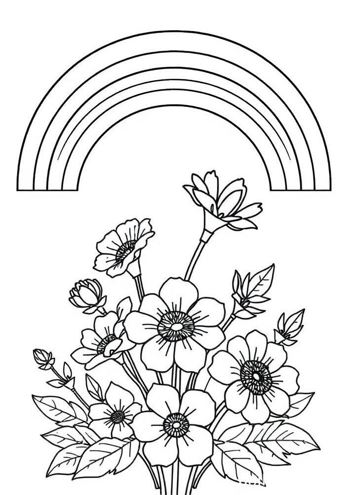 Desenho de Arco-íris e Flores para colorir
