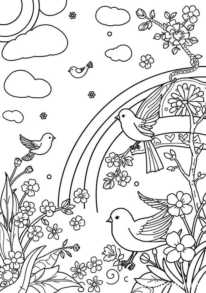 Desenho de Arco-íris e Pássaros para colorir