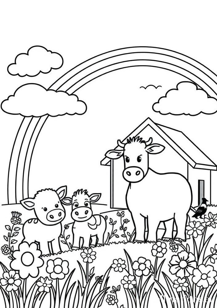 Desenho de Arco-íris e animais de fazenda para colorir