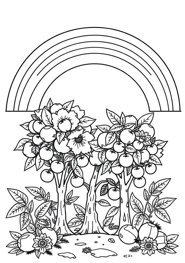 Desenho de Arco-íris e árvores frutíferas para colorir