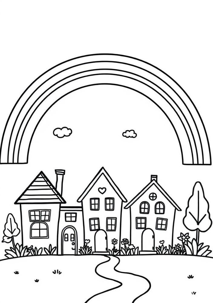Desenho de Arco-íris e casas fofas para colorir