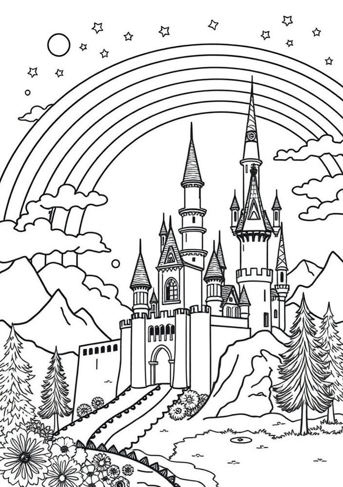 Desenho de Arco-íris e castelo encantado para colorir