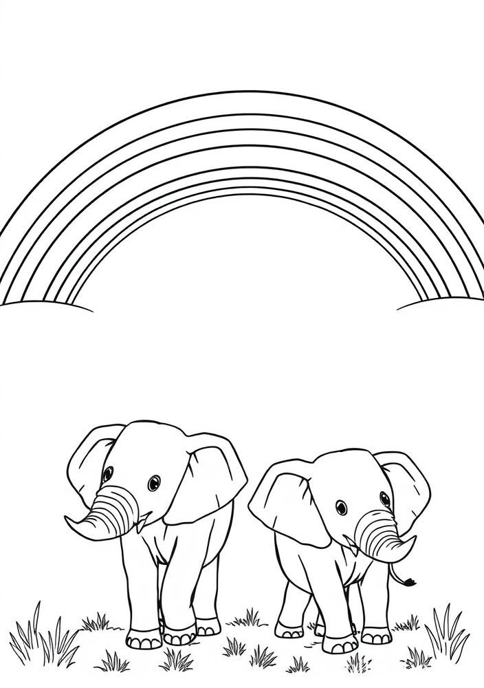 Desenho de Arco-íris e elefantes para colorir