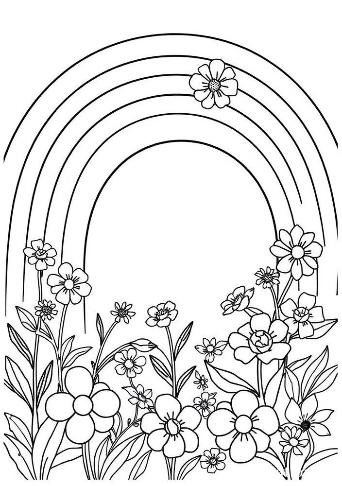 Desenho de Arco-íris e flores para colorir