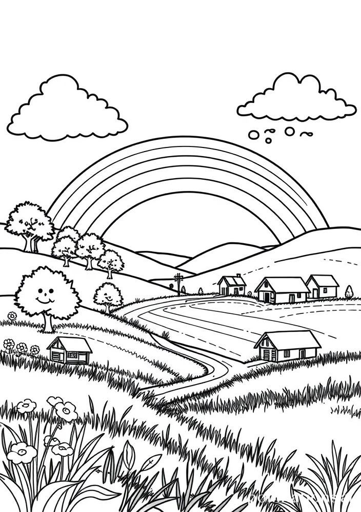 Desenho de Arco-íris e paisagem rural para colorir