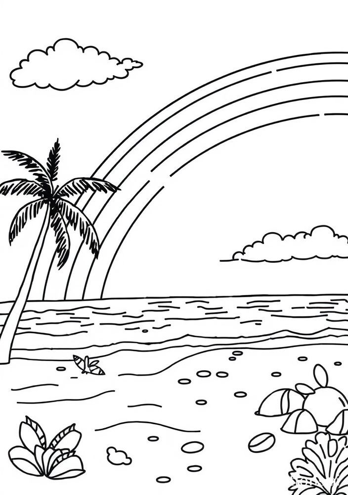 Desenho de Arco-íris e praia para colorir