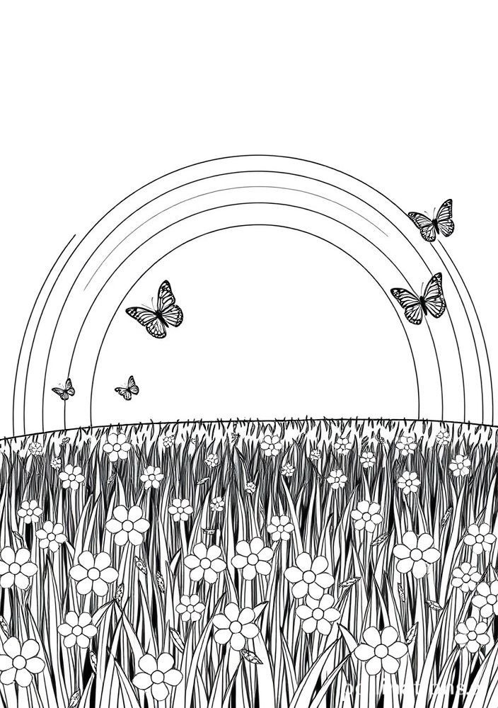 Desenho de Arco-íris em um Campo com Borboletas para colorir
