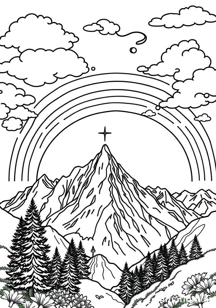 Desenho de Arco-íris sobre montanhas para colorir