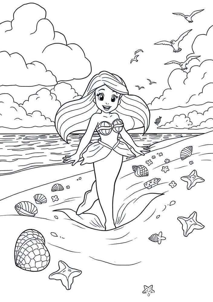 Desenho de Ariel brincando na areia do fundo do mar para colorir