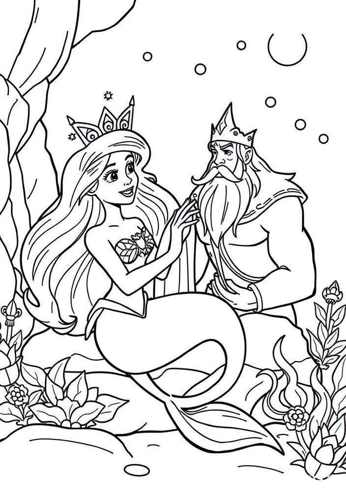 Desenho de Ariel com O Rei Tritão para colorir