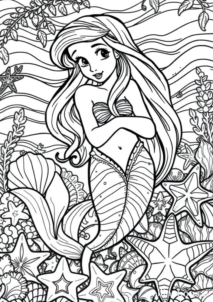 Desenho de Ariel com conchas e estrelas do mar para colorir