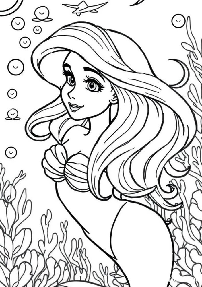 Desenho de Ariel com seu cabelo esvoaçante para colorir