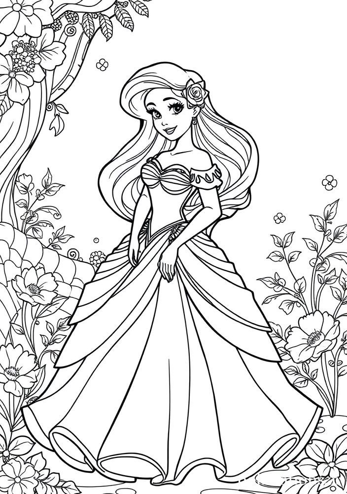 Desenho de Ariel com seu vestido de festa para colorir