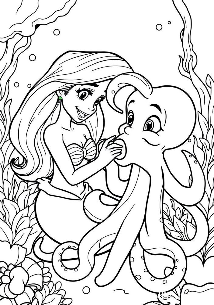 Desenho de Ariel interagindo com um polvo divertido para colorir