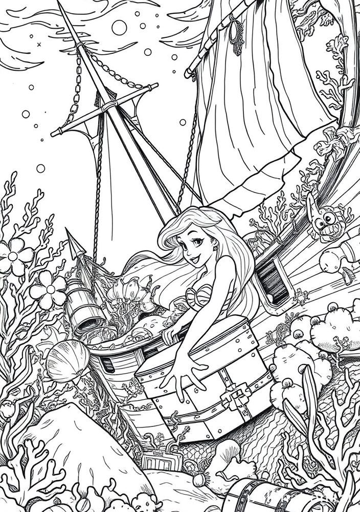 Desenho de Ariel se aventurando por um naufrágio