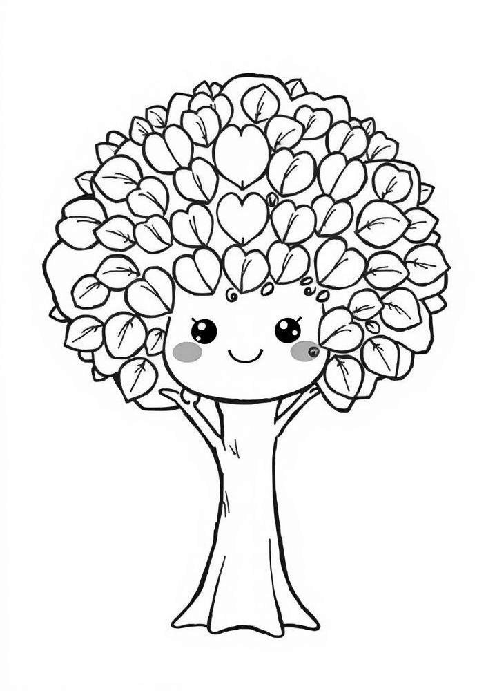 Desenho de Árvore Kawaii com Carinha Feliz para Colorir