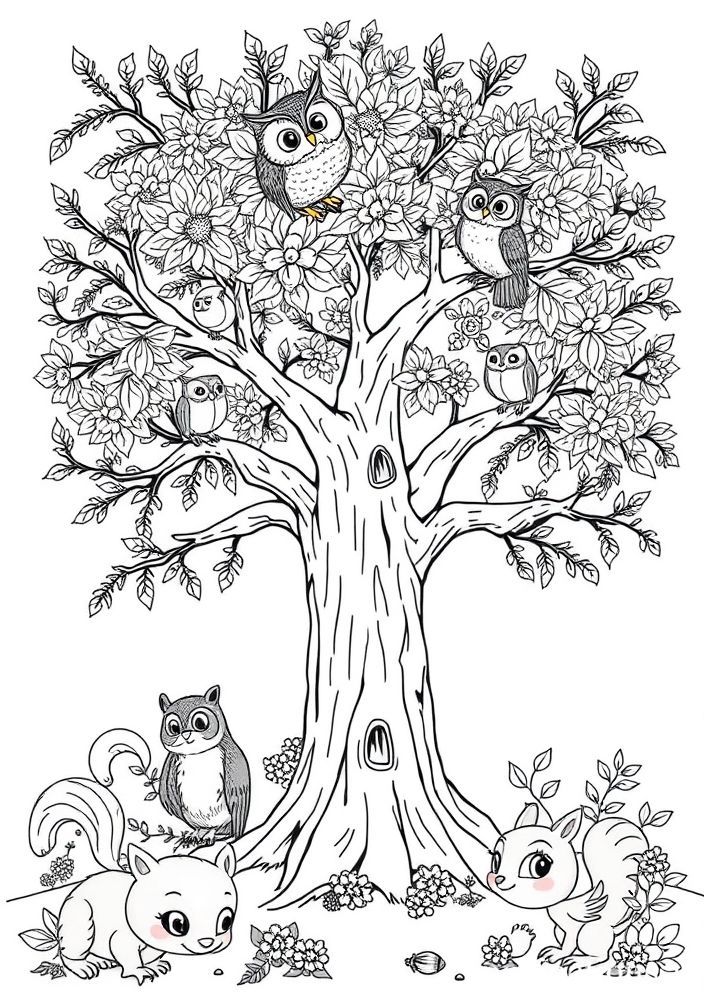 Desenho de Árvore com Animais para Colorir