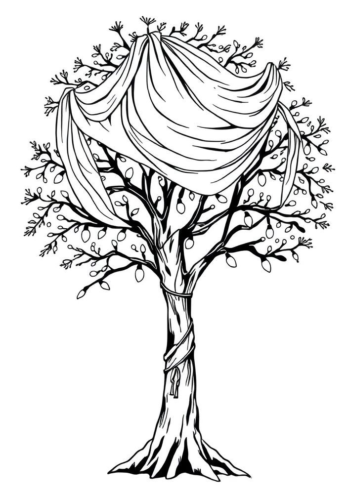 Desenho de Árvore com Tecido e Luzes de Natal para Colorir
