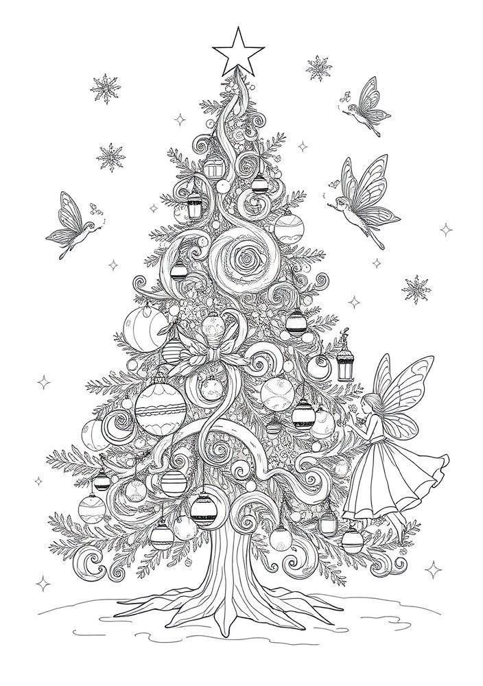 Desenho de Árvore de Natal Mágica com Fadas para colorir