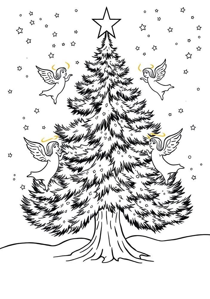 Desenho de Árvore de Natal com Anjos para colorir