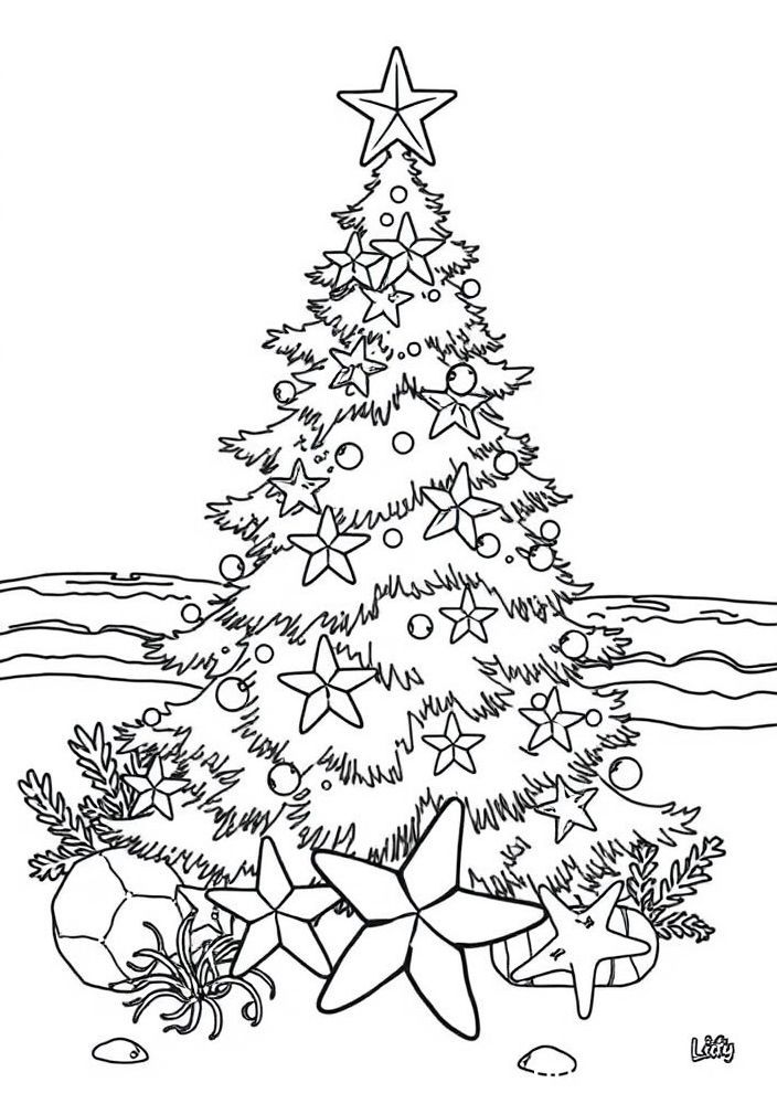 Desenho de Árvore de Natal com Estrelas do Mar para colorir