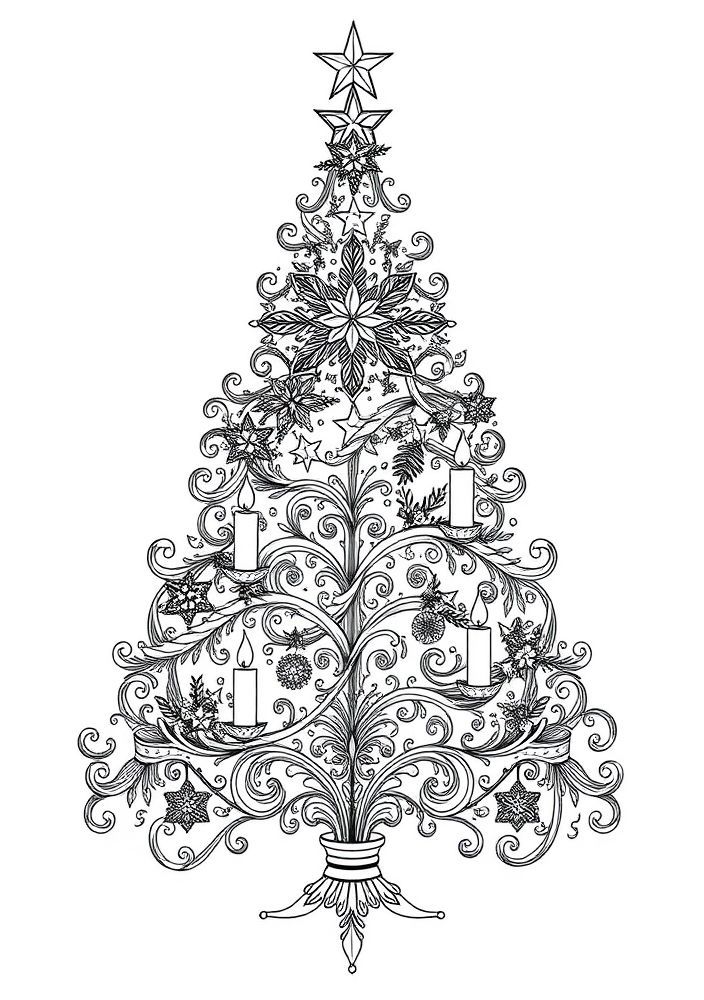 Desenho de Árvore de Natal com Estrelas e Velas para colorir