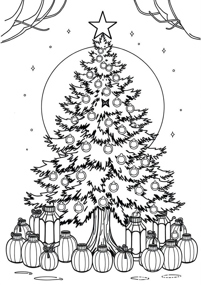 Desenho de Árvore de Natal com Lanternas para colorir