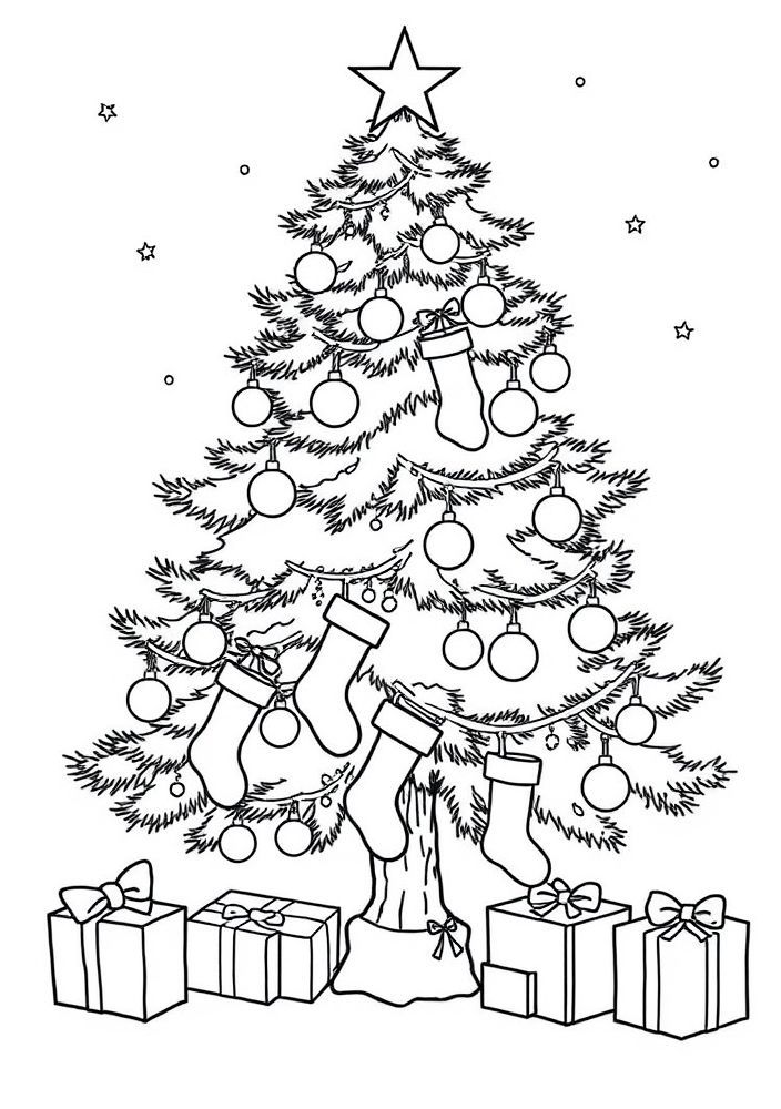 Desenho de Árvore de Natal com Meias para colorir