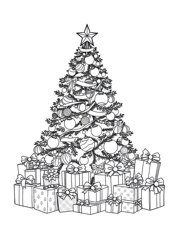 Desenho de Árvore de Natal com Presentes para colorir