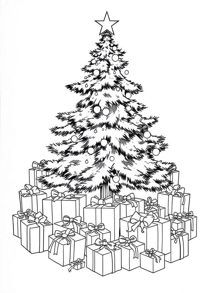 Desenho de Árvore de Natal com Presentes para colorir