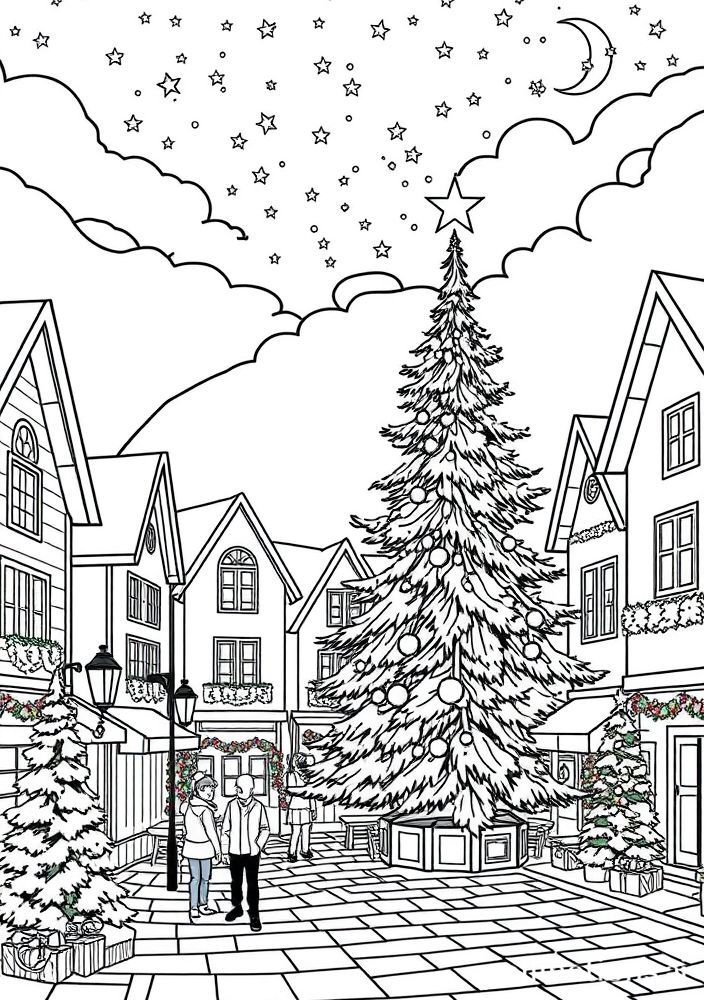 Desenho de Árvore de Natal em uma Vila para colorir