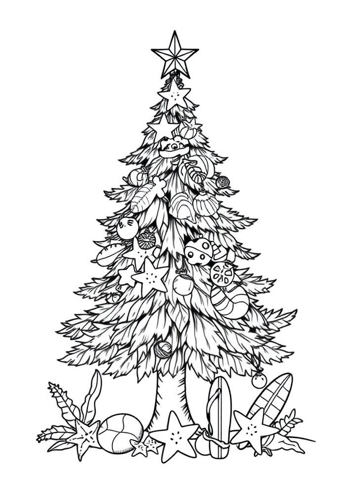 Desenho de Árvore de Natal na Praia para colorir