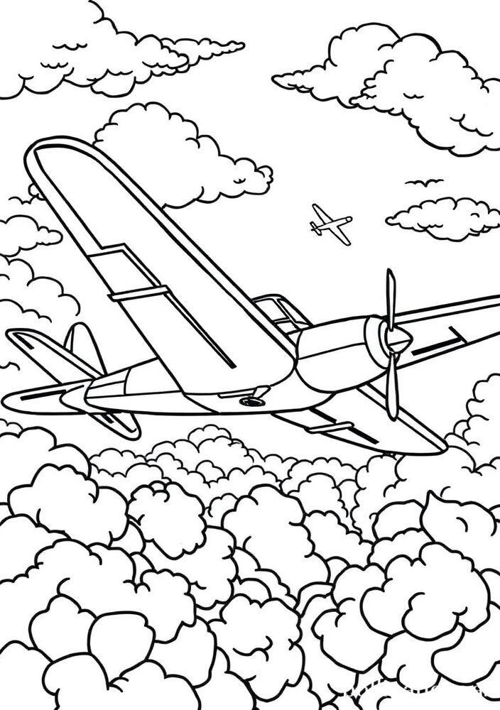Desenho de Aviação Clássica com Nuvens para colorir