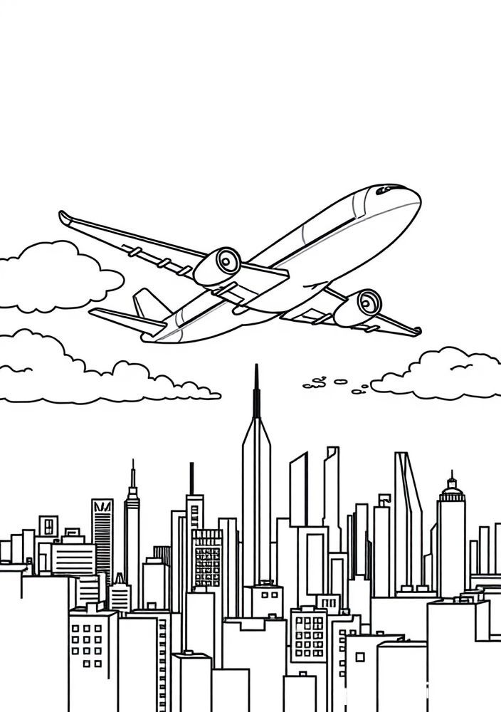 Desenho de Avião Sobre a Cidade para colorir