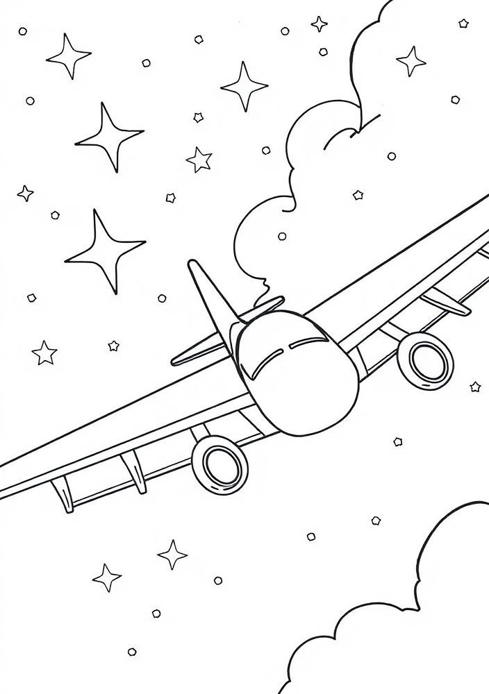 Desenho de Avião com Estrelas e Lua para colorir
