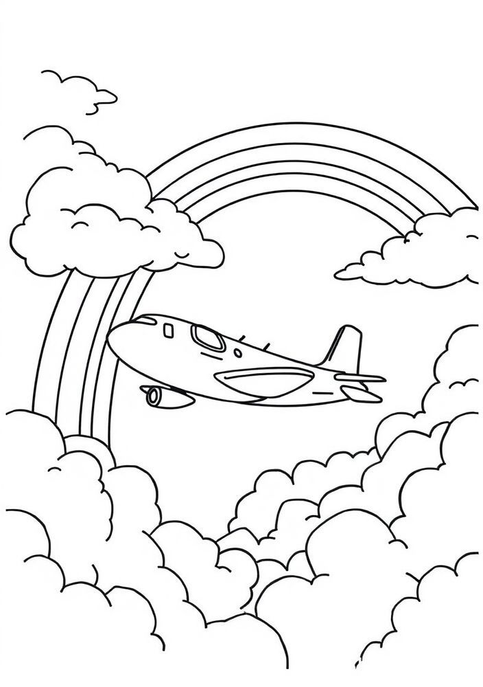 Desenho de Avião com Nuvens e Arco-Íris para Colorir