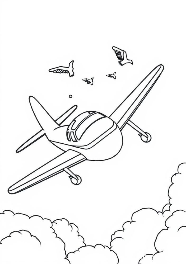 Desenho de Avião e Pássaros para colorir