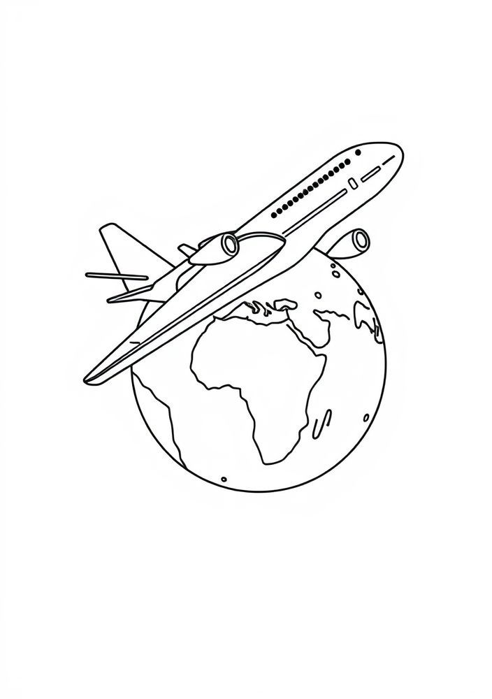 Desenho de Avião e Planeta Terra para colorir