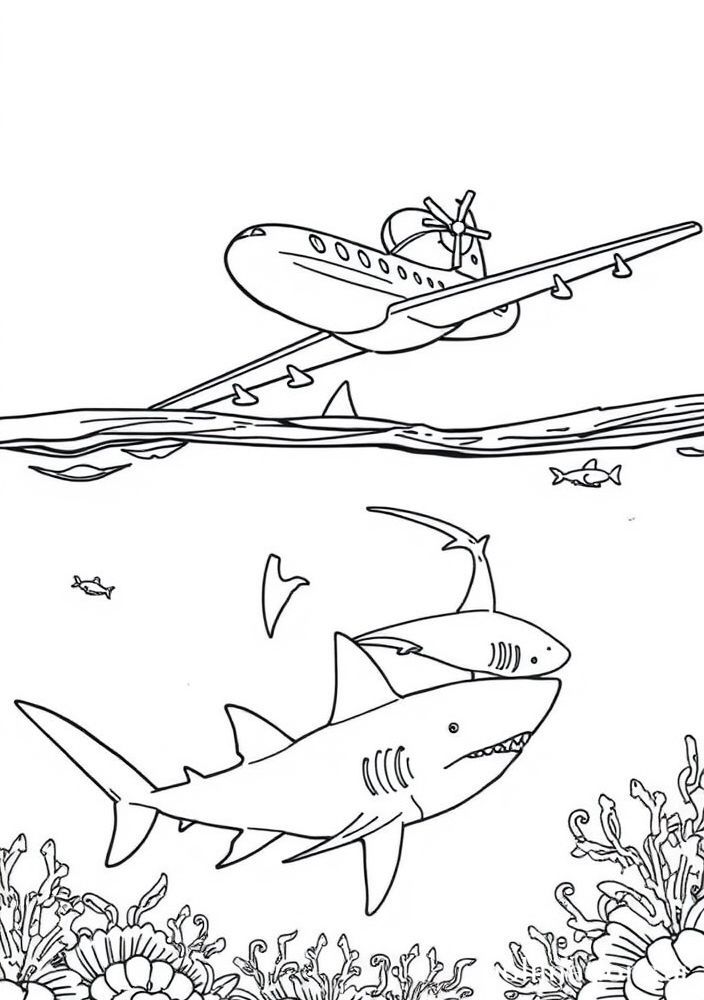 Desenho de Avião e Tubarões para colorir