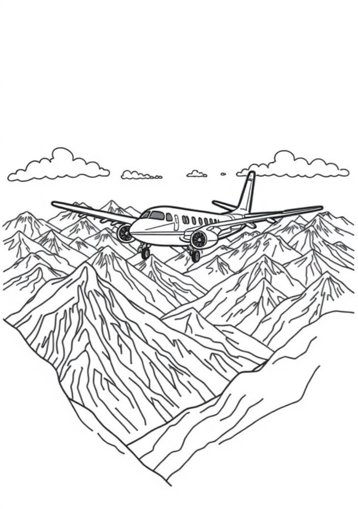 Desenho de Avião sobre uma Montanha para colorir