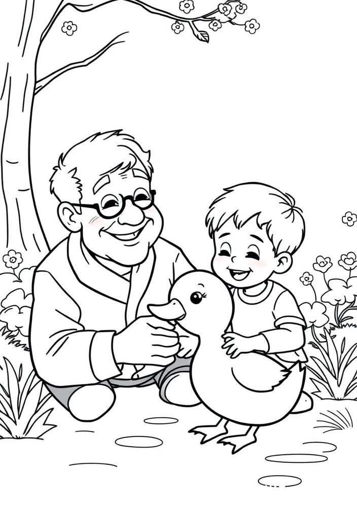 Desenho de Avô e Neto Brincando com um Pato para Colorir