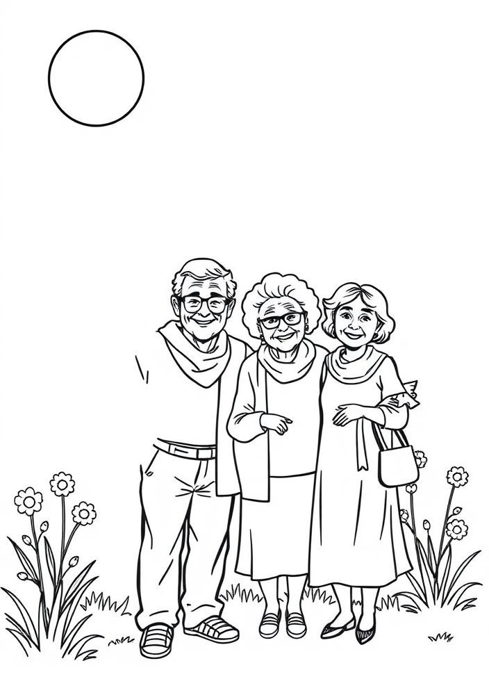 Desenho de Avôs com a Família em um Dia de Sol para colorir