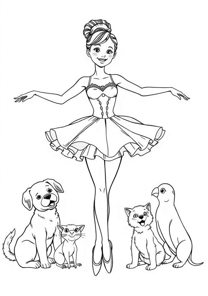 Desenho de Bailarina com Animais de Estimação para Colorir