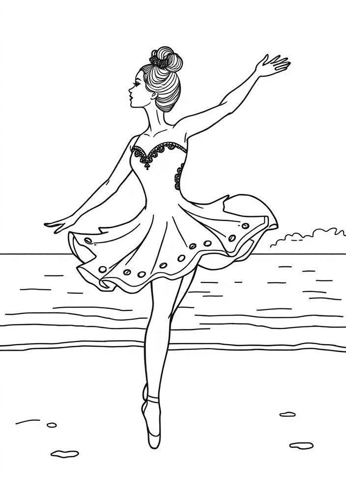 Desenho de Bailarina na Praia ao Pôr do Sol para Colorir