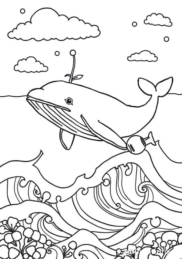 Desenho de Baleia Nadando com Peixinhos para colorir