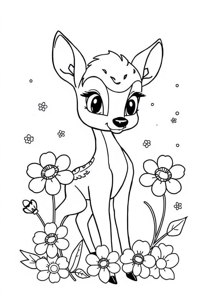 Desenho de Bambi com flores para colorir